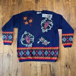 90’s Vintage Lucia Women’s XL Sweater Floral Hand Knitted Geo Tribal Festive